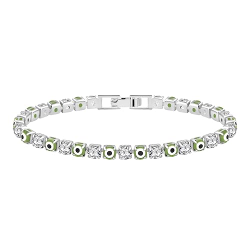 JunyiDIY Grünes Böses Auge Zirkonia Tennis Armband 7.5", Modisches Schutz Amulett Glück Silber Schmuck Für Damen Schwester Beste Freundin von JunyiDIY