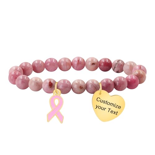 JunyiDIY Individuell rosa Schleifen-Armband – Rotbraune Holzperlen & Herz-Anhänger – Inspirierendes Geschenk für Kämpfer*innen & Unterstützer von JunyiDIY