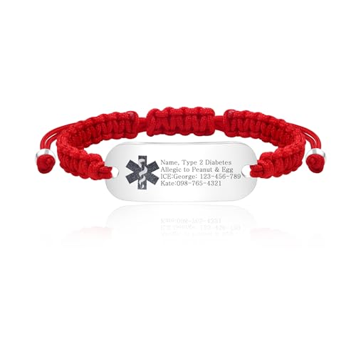 JunyiDIY Individuelles Rotes Geflochtenes Medizinisches Armband, Verstellbares Gesundheitsalarm-Armband Personalisierte Seil-Design für Männer Frauen Vatertag Muttertag Geschenk YS5833​ von JunyiDIY