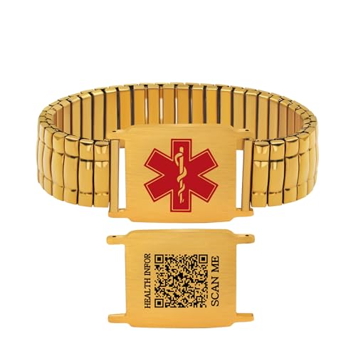 JunyiDIY Kostenlos Graviertes Goldenes Medizinisches Notfallarmband mit QR-Code Breites Dehnbares Band Wasserdicht mit Rotem Symbol Schmuck für Mama Papa von JunyiDIY