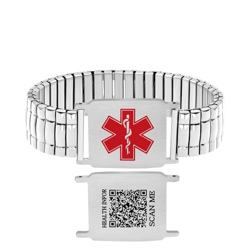 JunyiDIY Kostenlos Graviertes QR-Code Medizinisches ID-Armband Breites Dehnbares Band Wasserdicht Hypoallergen mit Rotem Notfall-Symbol Schmuck für Ältere Eltern Großeltern von JunyiDIY
