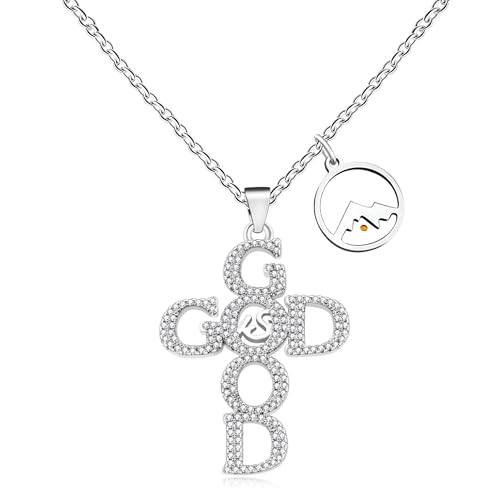 JunyiDIY Kreuzanhänger Halskette GOD-GOOD Buchstaben-Design mit Zirkonia-Verzierung | Runder Berg-Senfkorn-Anhänger | Inspirierender Schmuck für beste Freunde Schwestern Weihnachten YA5073 von JunyiDIY