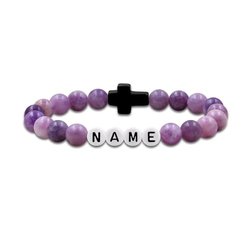 JunyiDIY Lila Lepidolith Kreuzanhänger Armband Für Frauen – Personalisierter Name Schmuck Repräsentiert Glauben & Liebe Für Mutter Ehefrau Schwester Muttertag Geburtstag Taufe Kommunion YA5640 von JunyiDIY