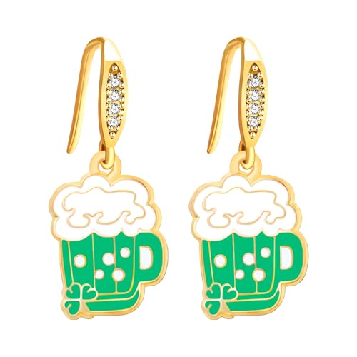 JunyiDIY Lustige Vollbierkrug-Ohrringe für Frauen, Grüne lebendige Party Glück Vierblättriges Kleeblatt Schmuck für den St. Patrick’s Day Sommer YA5718 von JunyiDIY