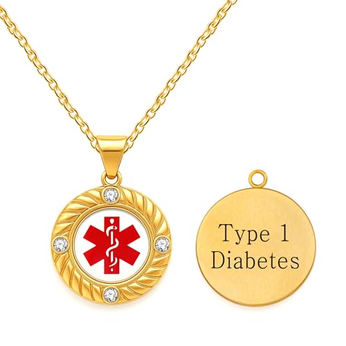 JunyiDIY Notfall-ID-Halskette für Typ-1-Diabetes, ovaler Anhänger mit rotem Alarmsymbol und 4 Zirkonia, hypoallergene Goldkette für den Abschluss von Ehemann und Ehefrau, YA5220 von JunyiDIY