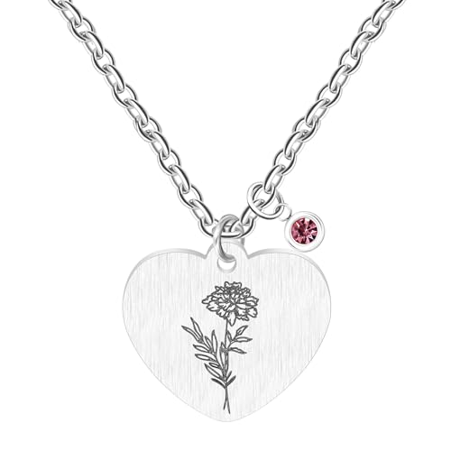 JunyiDIY Oktober Ringelblume Geburtsblumen-Herz-Halskette, violetter Geburtsstein, Schmuckgeschenk für Freundschaftstag oder Weihnachten YA5545 von JunyiDIY