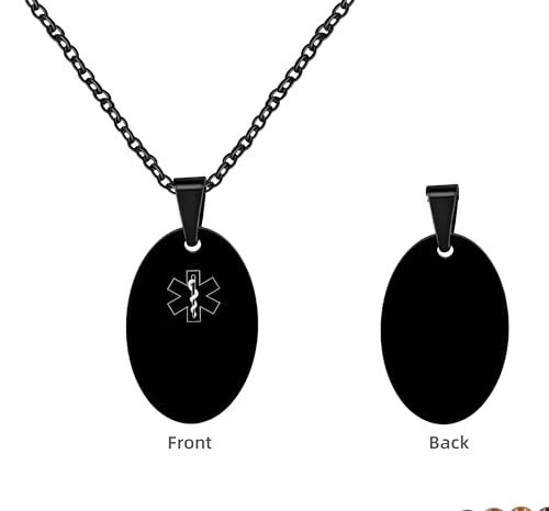 JunyiDIY Personalisierte medizinische Alarm-Halskette – individueller schwarzer ovaler Anhänger mit Notfall-ID – Name und Telefonnummer für Männer Frauen Vater Großvater Bruder von JunyiDIY
