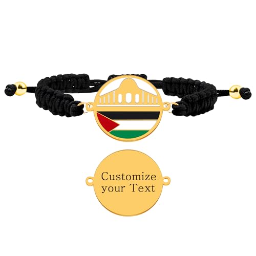 JunyiDIY Personalisiertes Gold Edelstahl Palästina-Flaggenarmband mit Al-Aqsa-Moschee-Anhänger, Verstellbares Schwarzes Band Spirituelles Muslimisches Geschenk für Vater Mutter von JunyiDIY