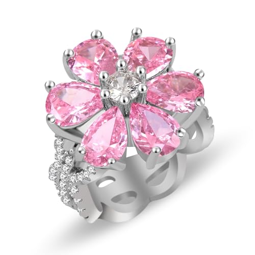 JunyiDIY Rosa Blumenring Damen Messing Zirkonia Blütenband Eleganter Blumenschmuck Für Mama Ehefrau Weihnachten Neujahr Jubiläum Größe 9 von JunyiDIY