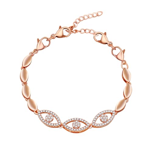 JunyiDIY Roségoldenes Zirkonia-Armband Mit Bösem-Auge-Anhänger, Funkelnder Verstellbarer CZ Freundschaftsschmuck Romantisches Design Für Damen Beste Freundin YA5743 von JunyiDIY