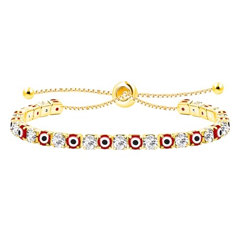 JunyiDIY Rotes Böses Auge Tennis Armband Für Damen, Verstellbarer Schieber Vergoldet Stapelbar Schutz Glück Schmuck YA5609 von JunyiDIY