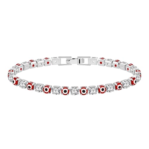 JunyiDIY Silber Rotes Böses Auge Tennis Armband 7.5", Faltschließe Stilvolles Schutz Amulett Glück Schmuck Für Damen Ehefrau Tochter von JunyiDIY