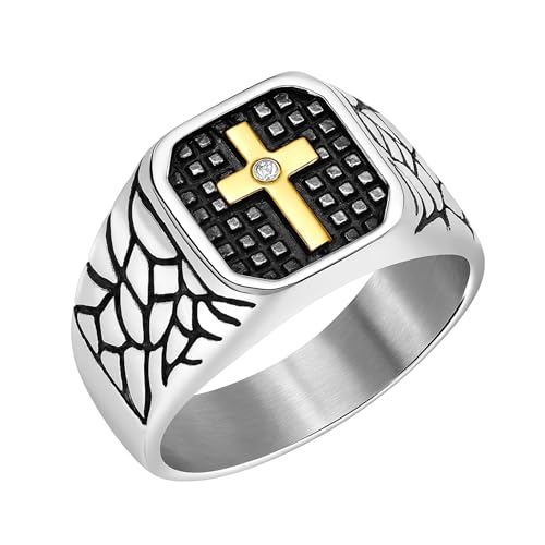 JunyiDIY Silberner Kreuzring Herren Edelstahl Zirkonia Siegelband Religiöser Schmuck Für Ehemann Papa Christliche Weihnachtskleidung Größe 7 von JunyiDIY