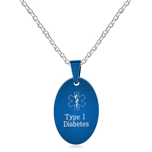 JunyiDIY Typ-1-Diabetes-Halskette für Männer – blauer ovaler Edelstahl-Anhänger – Notfall-SOS-medizinisches Symbol-Schmuck für Ehemann und Vater von JunyiDIY