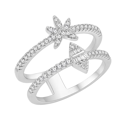 JunyiDIY Versilberter Sternring Damen Größe 9 Zirkonia Doppelreihenband Eleganter Zarter Schmuck Für Mutter Ehefrau Geburtstag Hochzeit Alltag von JunyiDIY