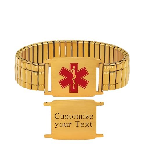 JunyiDIY Verstellbares Breites Dehnbares Medizinisches Notfallarmband mit Rotem Symbol Kostenlos Gravur Edelstahl Notfall-ID Schmuck für Damen Herren (Gold) von JunyiDIY