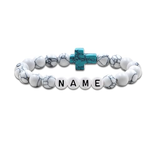 JunyiDIY Weiß Türkis Perlen Kreuzanhänger Armband Für Männer – Personalisierter Name Schmuck Symbolisiert Glauben Für Vater Opa Paten Geburtstag Vatertag Kirche YA5640 von JunyiDIY