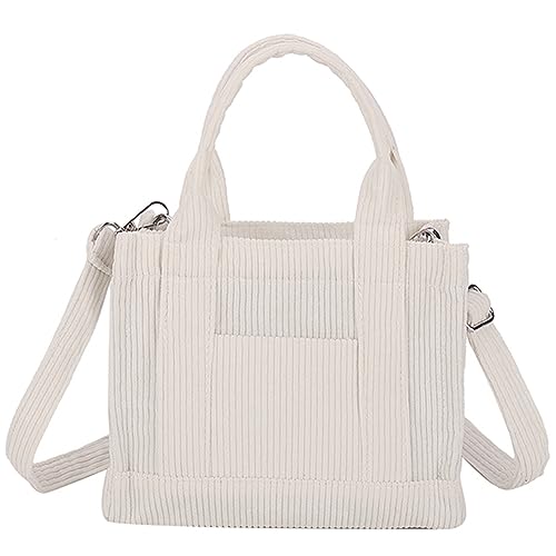 Corduroy Tote Bag Small Satchel Bag for Women Crossbody Bag Purse with Zipper Casual Hobo Handbag, A05, Weiß, Größe S von Juoxeepy