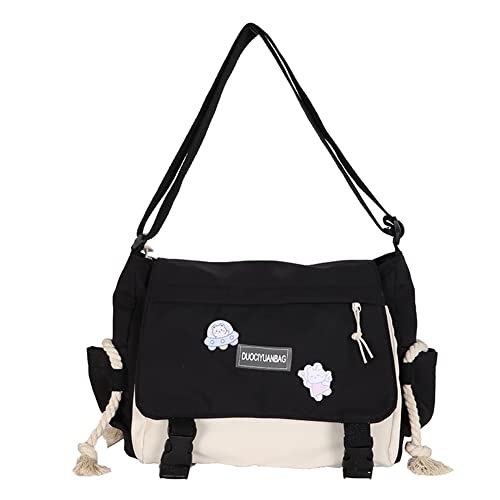 Juoxeepy Ästhetische Umhängetasche mit gefüllten Anhänger und Pins Kawaii Umhängetasche für Frauen Nylon Umhängetasche, C01-schwarz, 13x9.4x4.3in von Juoxeepy