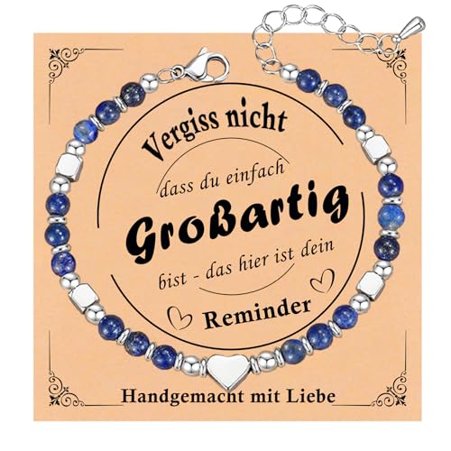 Armband Damen Herz Geschenk Silber : 4MM Natursteine Armbänder für Frauen 17+5cm Einstellbar Edelstahl mit Herz Charm für Töchter, Freundin, Mädchen, Mutter für Valentinstag Geburtstag (Dunkelblau) von Juozyve