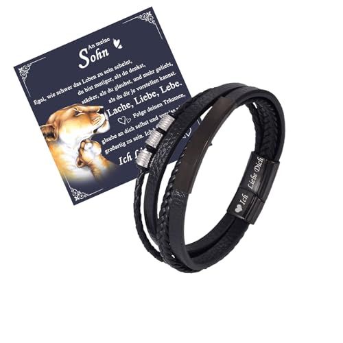 Armband Herren Sohn Geschenk : Lederarmband Schwarz Geschenke für Männer 21.5cm Länge Leder Armbänder Schwarz Junge Lederarmband Geschenke Ich Liebe Dich Herrenarmbänder (Sohn) von Juozyve
