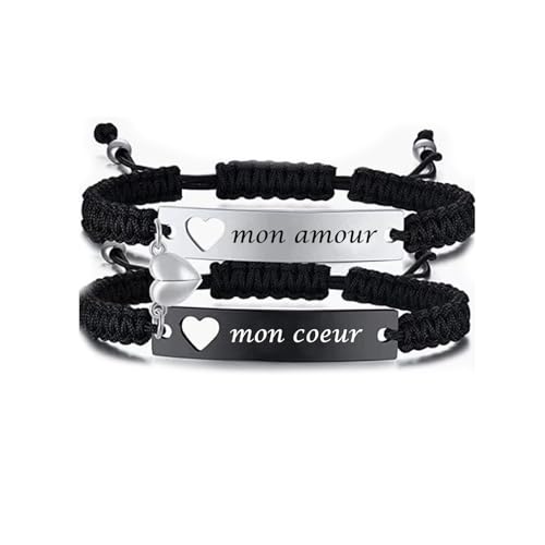 Juozyve Paar Armband Herren Geschenk : Paare Armbänder Geschenk für Sie und Ihn Pärchen Armbänder Silber Schwarz Edelstahl Handgefertigt Geflochten Armband für Beide Männer Frauen (mon amour) von Juozyve