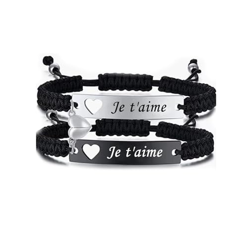Paar Armband Herren Geschenk : Paare Armbänder Geschenk für Sie und Ihn Pärchen Armbänder Silber Schwarz Edelstahl Handgefertigt Geflochten Armband für Beide Männer Frauen (Je t'aime) von Juozyve