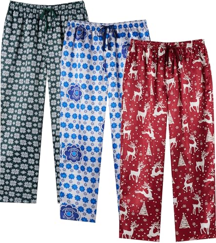 JupiterSecret Weihnachten Herren Satin Pyjamahose lange Pyjamahose für Männer Nachtwäsche 3 Packs mit Taschen und Kordelzug von JupiterSecret