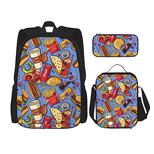 Fast Food Pizza Hamburger 3 Stück Rucksäcke Set Schule 3 In 1 Bookbag Schulter Isolierte Lunchbox Tasche Federmäppchen für Kinder Jungen Mädchen von Jupsero
