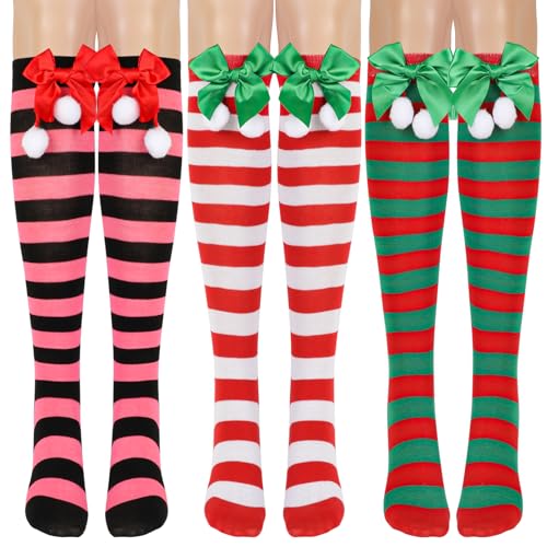 3 Paar Kinder Weihnachtssocken Gestreifte Kniestrümpfe Kuschelsocken Overknee Strümpfe Beinwärmer mit Bögen Lange Strümpfe für Mädchen 7-12 Jahre von Jupsk