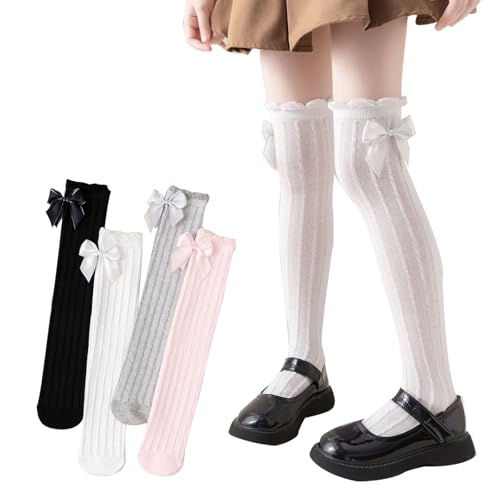 4 Paar Mädchen Kniestrümpfe Schleife Spitze Baumwolle Strümpfe Sommer Lange Uniform Strümpfe Weiß Schwarz Grau Rosa Socken für Baby Kinder 4-10 Jahre von Jupsk