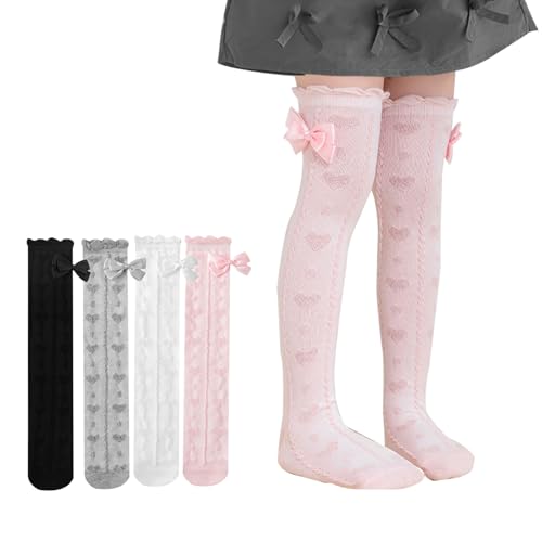 4 Paar Mädchen Kniestrümpfe Schleife Spitze Baumwolle Strümpfe Sommer Lange Uniform Strümpfe Weiß Schwarz Grau Rosa Socken für Baby Kinder 4-10 Jahre von Jupsk
