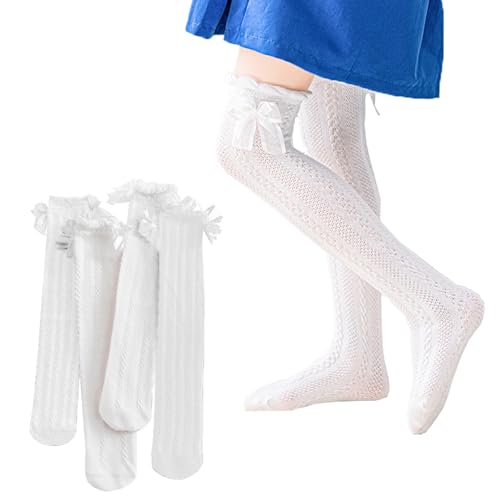 4 Paar Mädchen Kniestrümpfe Schulsocken mit Schleifen Spitze Baumwollstrümpfe Bunte Lange Weiß Socken Dünne Mesh Sommer für Kleinkinder Kinder 4-10 Jahre von Jupsk