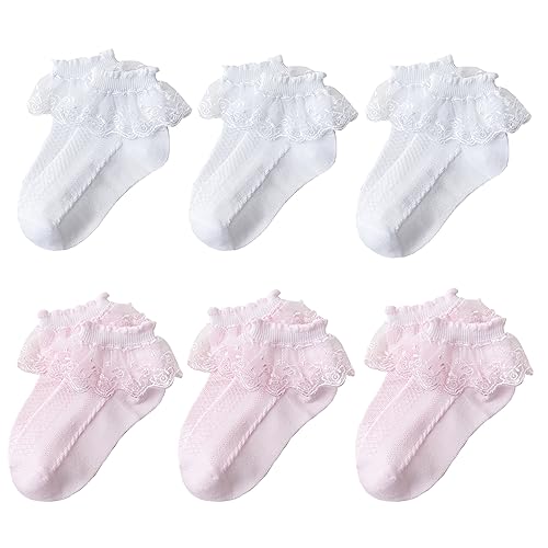 Mädchen Rüschen Socken Weiße Rosa Baumwoll Socken Spitzen Prinzessin Socken Schule Socken Kleidung Accessoires für Baby Kleinkind Kinder 4-7 Jahre 6 Paare von Jupsk