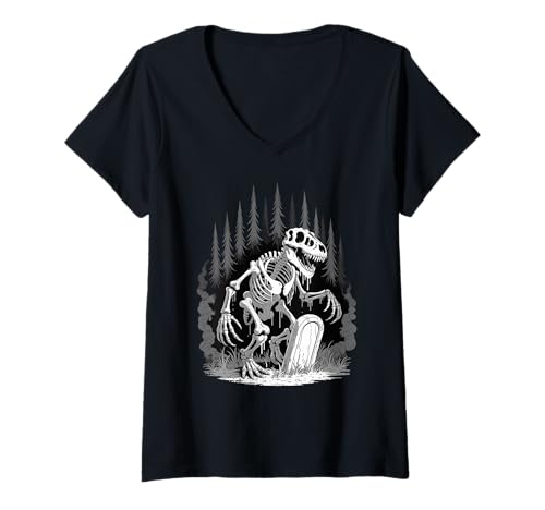 Damen Dinosaurier Skelett in Verhextem Wald Fantasie Illustration T-Shirt mit V-Ausschnitt Damen Dinosaurier Skelett in Verhextem Wald Fantasie Illustration T-Shirt mit V-Ausschnitt von Jura Spuk Kunstkollektiv
