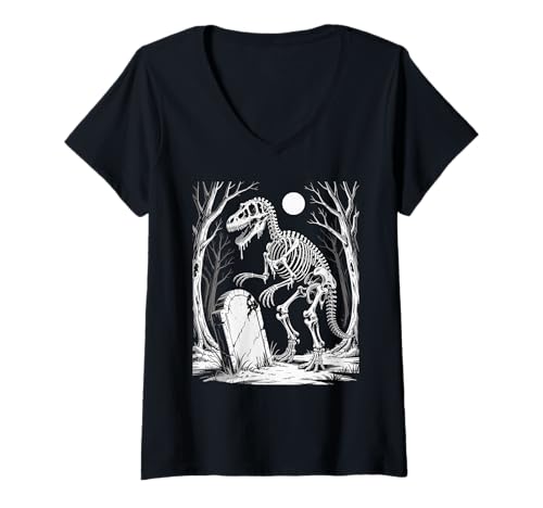 Damen Dinosaurier Skelett in Verhextem Wald Fantasie Illustration T-Shirt mit V-Ausschnitt Damen Dinosaurier Skelett in Verhextem Wald Fantasie Illustration T-Shirt mit V-Ausschnitt von Jura Spuk Kunstkollektiv