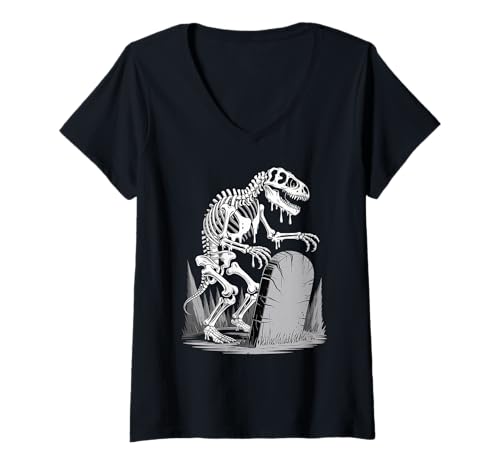 Damen Dinosaurier Skelett in Verhextem Wald Fantasie Illustration T-Shirt mit V-Ausschnitt Damen Dinosaurier Skelett in Verhextem Wald Fantasie Illustration T-Shirt mit V-Ausschnitt von Jura Spuk Kunstkollektiv