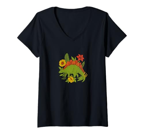 Damen Floraler Stegosaurus Dinosaurier mit Blumen Natur prähistorisch T-Shirt mit V-Ausschnitt von Jurassic Blooms Emporiums