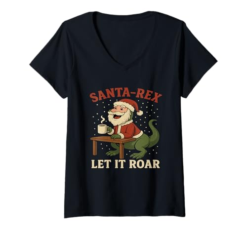 Damen Lustiges Weihnachtsmann-Rex-Weihnachts-T-Shirt Let It Roar Holiday Dino Geschenk T-Shirt mit V-Ausschnitt von Jurassic Christmas Co.