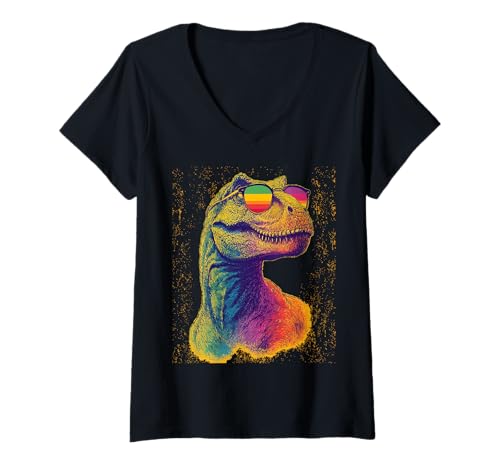 Damen Regenbogen-Dino mit Retro-Schattierungen T-Shirt mit V-Ausschnitt Damen Regenbogen-Dino mit Retro-Schattierungen T-Shirt mit V-Ausschnitt von Jurassic Colors Retro Dino Vibes Co.