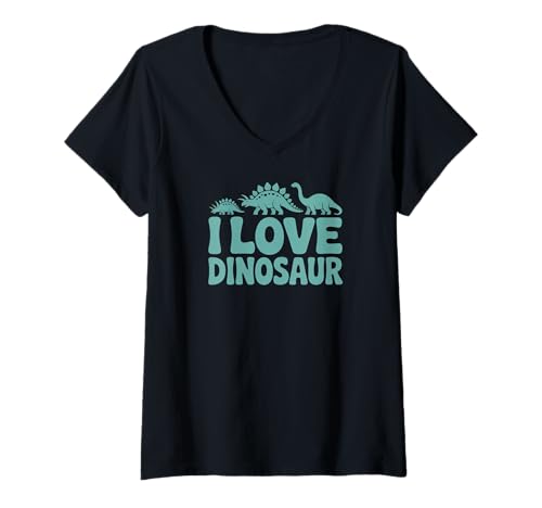 Damen I Love Dinosaurier Fun Jurassic Era T-Shirt mit V-Ausschnitt von Jurassic Enthusiasts Dino World