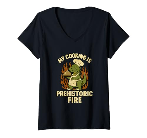 Damen Lustige Koch Dinosaurier Kochen Grafik für Grillliebhaber T-Shirt mit V-Ausschnitt Damen Lustige Koch Dinosaurier Kochen Grafik für Grillliebhaber T-Shirt mit V-Ausschnitt von Jurassic Kitchen Dinosaur BBQ Apparel