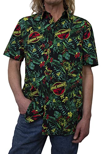 Jurassic Park Herren Tropical Raptor Pattern Button Down Shirt, Schwarz Tropischer Raptor, XX-Large Jurassic Park Herren Tropical Raptor Pattern Button Down Shirt, Schwarz Tropischer Raptor, XX-Large von Jurassic Park