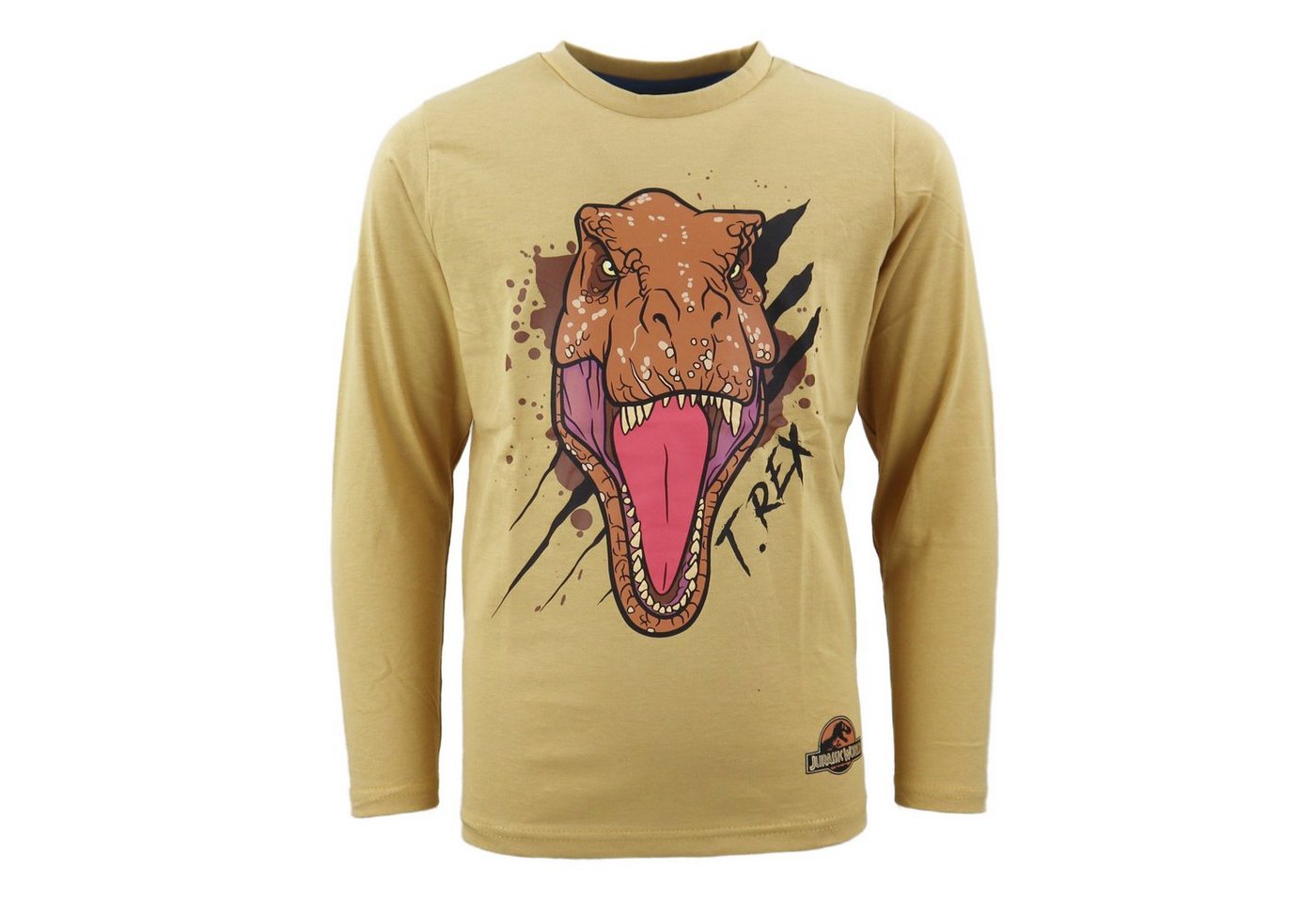 Jurassic World Langarmshirt Jurassic World Velociraptor oder T-Rex Jungen Kinder Shirt Gr. 104 bis 128, 100% Baumwolle, Blau oder Beige von Jurassic World