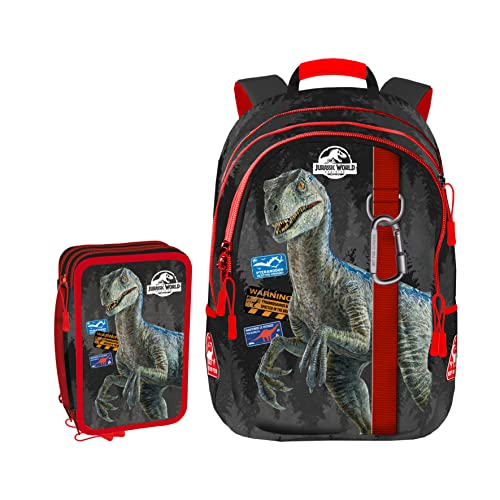 Jurassic World Unisex Kinder Rucksack + Federmäppchen, Schwarz/Rot von Jurassic World