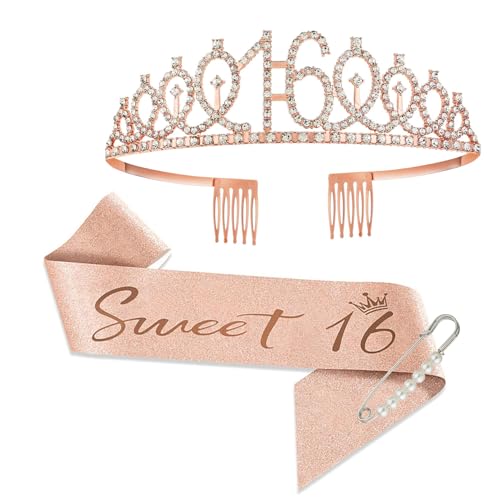 JurciCat 16 Geburtstag Geschenke Birthday Girl Party Deko Decoration 16. Geburtstag mädchen Schärpe und Tiara Rose Gold Krone von JurciCat