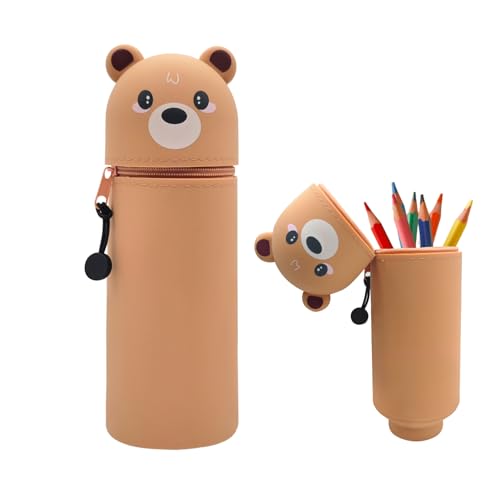 JurciCat Kawaii Federmäppchen Bear 2-in-1 Stiftemäppchen mit Reißverschluss Braun Weiche Silikontasche mäppchen Geeignet für Jungen und Mädchen von JurciCat