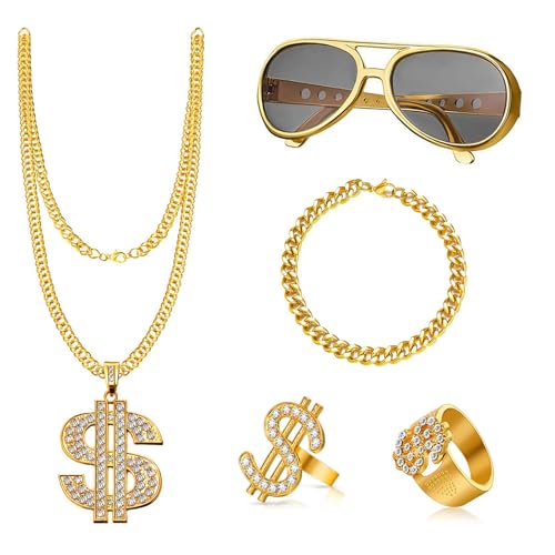 JurciCat Zuhälter Kostüm 5 Stück Hip Hop Dollar Kette & Ring Shadow Wizard Money Gang Gold Chain Sonnenbrille 80er and 90er Jahre Outfit Herren Accessoires Karneval Kostüm von JurciCat