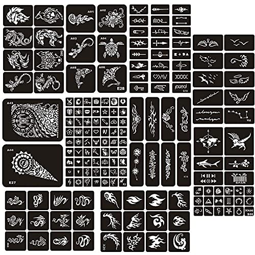 Jurxy 10 Blatt Tattoo Schablonen Glitter Temporäre Tätowierung Schwarz Selbstklebende Tattoos Schablone Arm Zurück Körperbemalung Wiederverwendbare Aufkleber für Männer Frau Kinder Mädchen - 007 von Jurxy