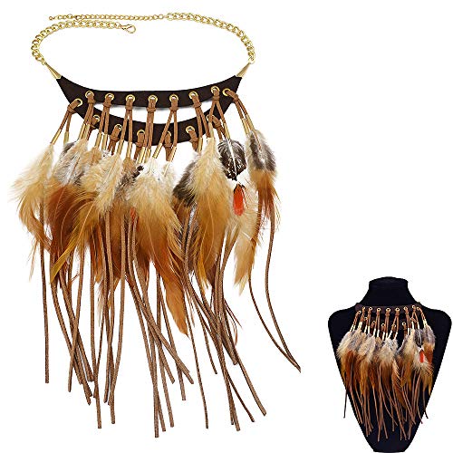 Jurxy Bohemian Halskette Feder Quaste Halskette Halskette Indianer Lange Kette Feder Damen Anhänger Erklärung Halskette Halsreif Schmuck - Braun von Jurxy